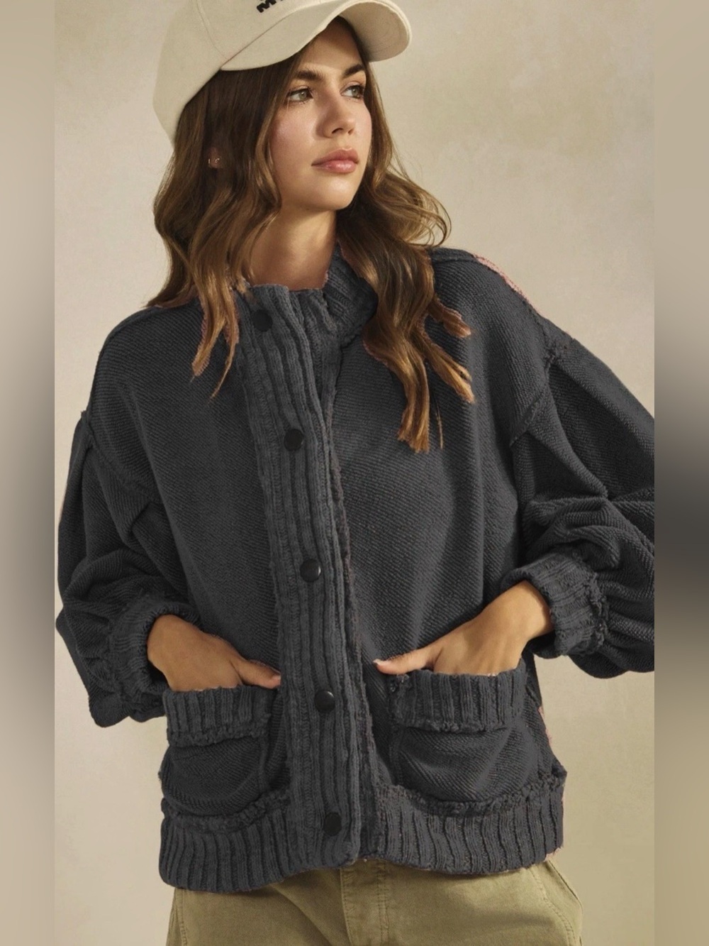 LovLov Vintage Wash Cozy Dark Gray Button-Front Knit Cardigan Sweater size Large